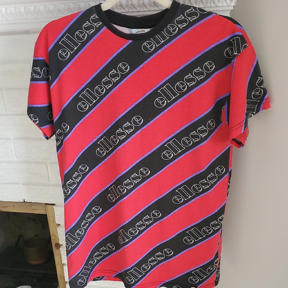 Ellesse Heritage Unisex Red & Black Striped Cotton T-Shirt Men Size XS Wmn M